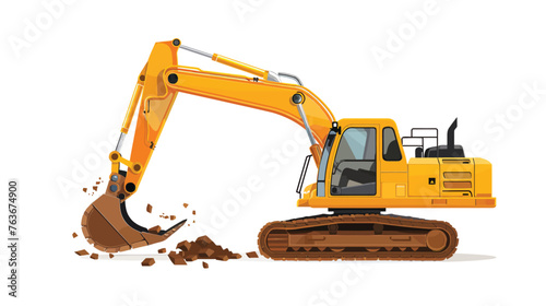 a yellow excavator digging dirt on a white background