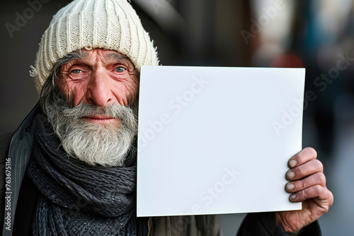 A man with a white hat and beard holding a blank piece of paper