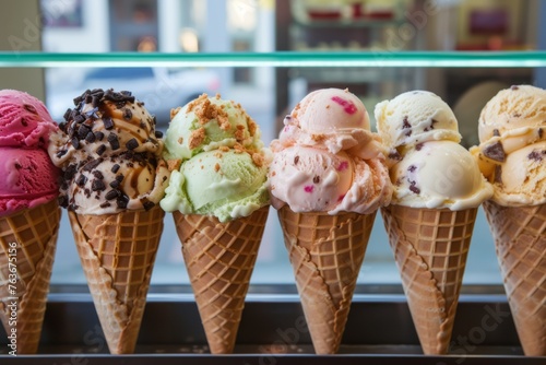 Ice cream with different toppings in waffle cones