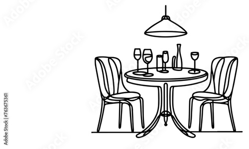 one continuous black line drawing Dining table and chairs outline doodle vector illustration on white background
