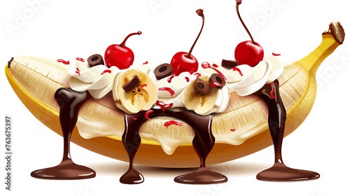 a banana split with chocolate syrup and cherries