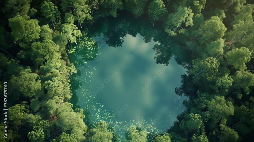 From a bird's eye view, there is a lake in the middle of a green forest From a bird's eye view, there is a lake in the middle of a green forest