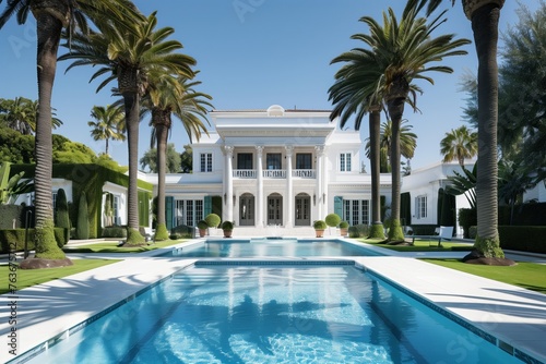 A dazzling white house with a swimming pool nestled in front, set against a backdrop of azure skies and lush palm trees the perfect property for leisure and relaxation © RichWolf