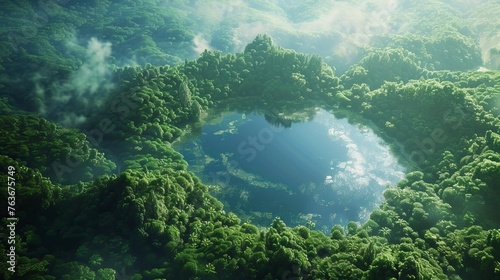 From a bird's eye view, there is a lake in the middle of a green forest © CREATIVE STOCK