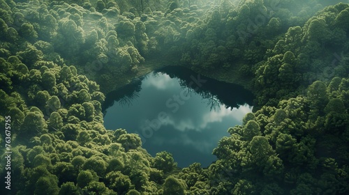 From a bird's eye view, there is a lake in the middle of a green forest