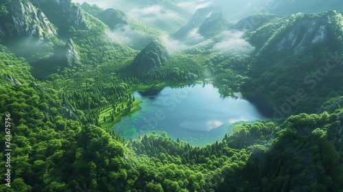 From a bird's eye view, there is a lake in the middle of a green forest © CREATIVE STOCK