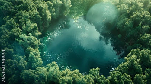 From a bird s eye view  there is a lake in the middle of a green forest