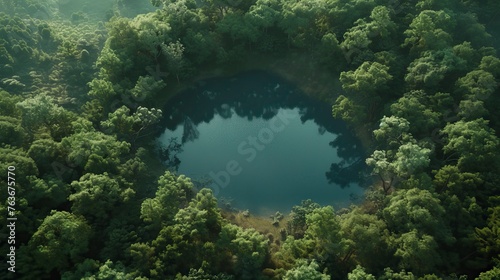 From a bird s eye view  there is a lake in the middle of a green forest