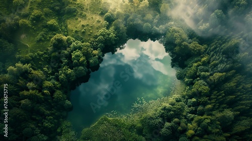 From a bird's eye view, there is a lake in the middle of a green forest © CREATIVE STOCK