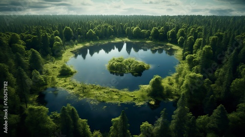From a bird's eye view, there is a lake in the middle of a green forest