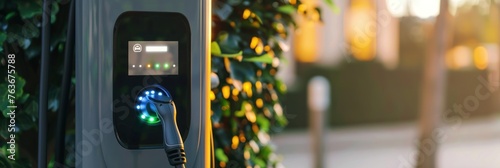 Detailed view of an electric vehicle charging station with a digital display showing environmental impact savings.