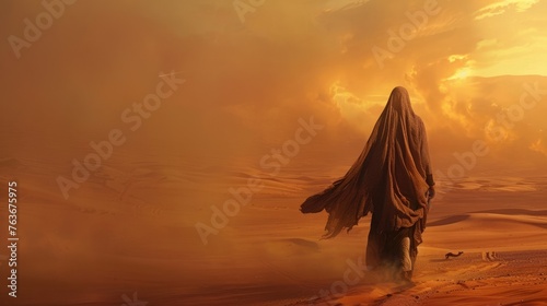 A woman in a flowing dress wandering through the vast expanse of the desert