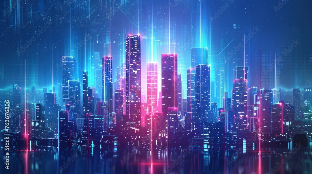 Fototapeta premium A city skyline is reflected in the water, with a large moon in the sky.