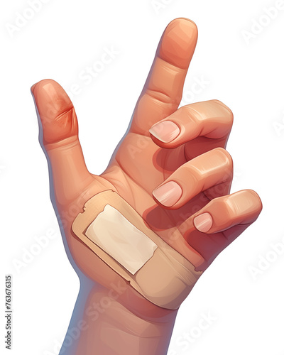 3D illustration of a hand with a band-aid on one of its fingers, isolated on transparent background © Guga