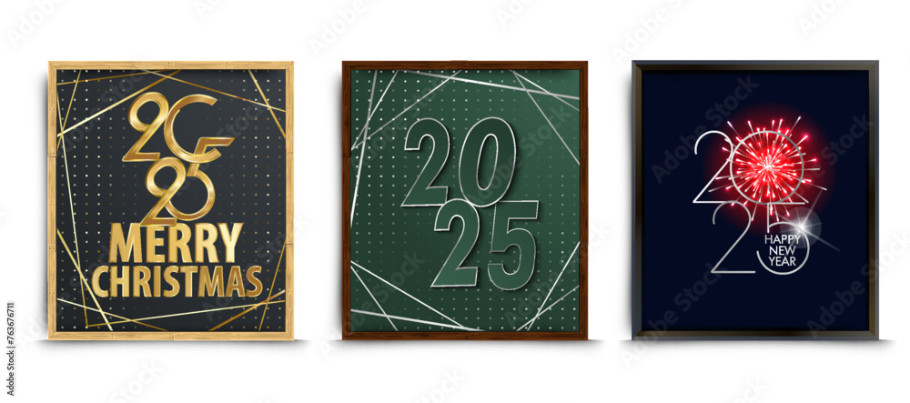 Happy New 2025 Year. Holiday vector illustration of golden metallic numbers 2025 isolated on black background. Realistic 3d sign. Festive poster or banner design