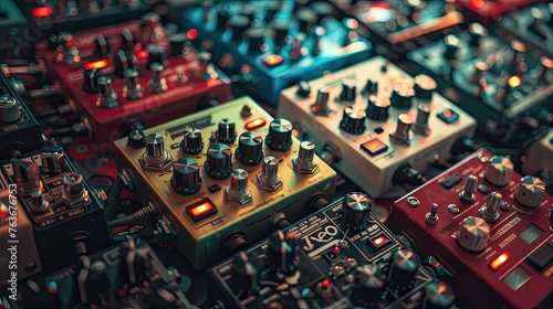 Pedal Power: A Vibrant Array of Guitar Effects Pedals in Close Proximity photo