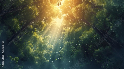 From the bird s point of view  in the endless forest  the trees are towering  and the sun shines through the leaves 