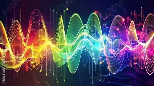 a spectrum of colorful sound waves, reminiscent of an audio equalizer, conveying the dynamic energy and vibrancy of music through visual abstraction