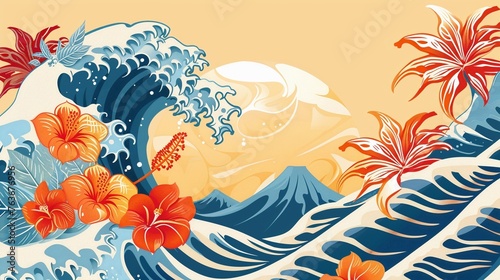 Asian waves and tropical flowers, banner for AAPI in may