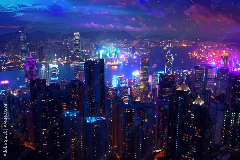 A mesmerizing wallpaper design portraying a bustling city skyline at night, with skyscrapers aglow with colorful lights and the streets below alive with activity,  Generative AI