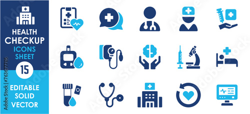Health checkup icon set. Medical care service symbol collection with hospital, medicine, lab equipments and so on. Flat icons set Vector illustration.