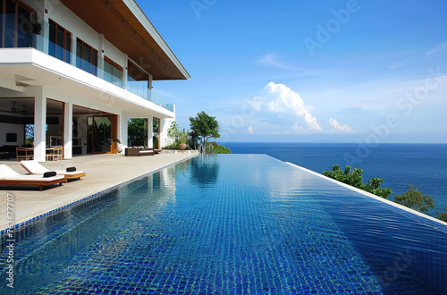 A beautiful modern villa with blue tile pool, white walls and brown roof in Phuket Thailand © Kien