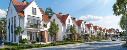 A row of charming white houses with red roofs are neatly lined up on a quaint street in the neighborhood  against a backdrop of a clear sky and lush green plants and trees