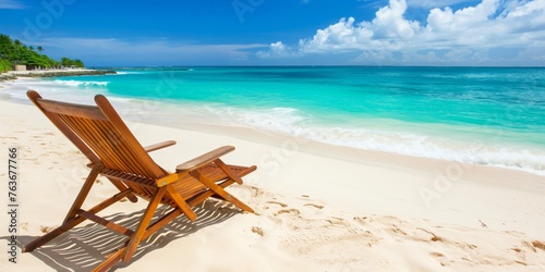 Tropical beach with a wooden chair, capturing leisure, vacation, and travel themes, perfect for holiday brochures.
