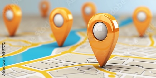 Detailed map pins on a cartographic map, suitable for location-based services or travel-related applications. photo