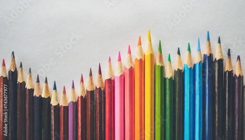 colorful colored pencil on white paper background with copy space.