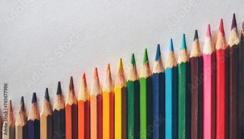 colorful colored pencil on white paper background with copy space.