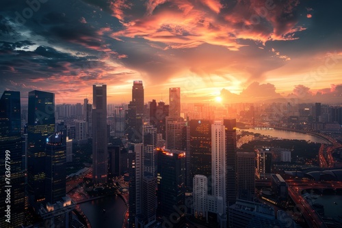 A mesmerizing wallpaper design showcasing a bustling city skyline at sunset, with warm hues painting the sky and the city coming alive with activity, creating a sense of warmth, Generativem AI © Formatikastd