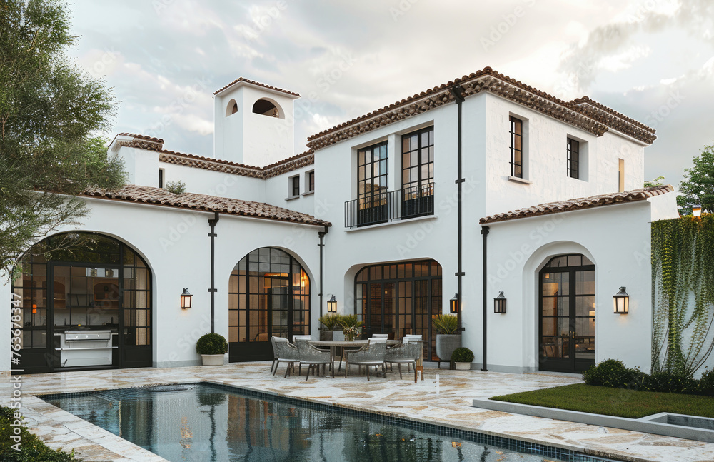 A beautiful white Spanish style home with dark windows, patio and small pool in the backyard. In front of it is an open air kitchen area