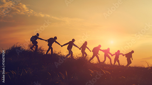 Silhouette of friends at sunset background against blue sky Freedom unity and friendship human bridge