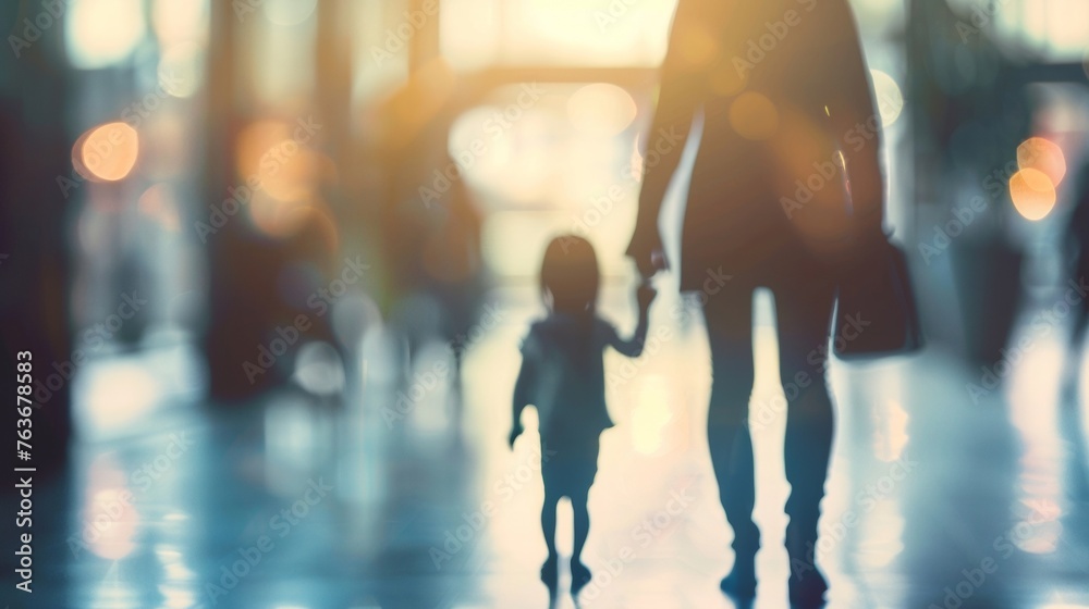 An image of a parent and child walking hand in hand with a blurred figure of a lawyer in the background symbolizing the legal consultation process for child custody. The focus