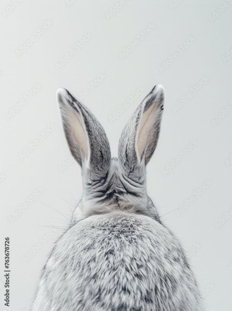 A detailed close-up view of the back of a white rabbit, showing its fluffy fur. Cute and adorable