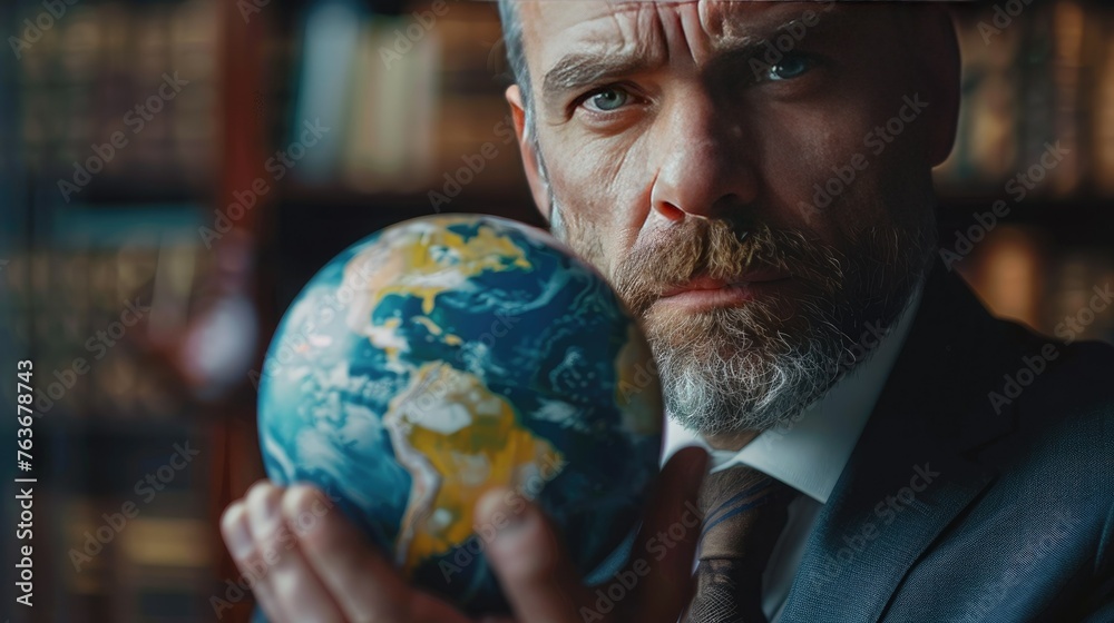 Close-up of businessman holding miniature globe in office Close-up of businessman holding miniature globe in office