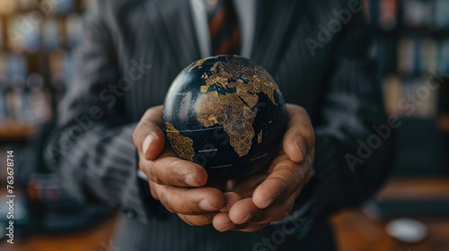 Close-up of businessman holding miniature globe in office