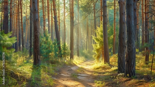 Pine forest panorama in summer. Pathway in the park © CREATIVE STOCK