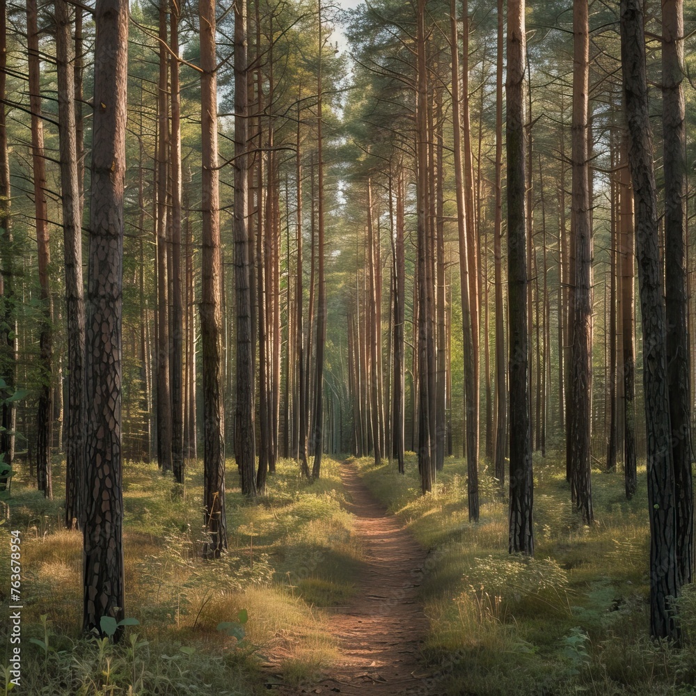 Obraz premium Pine forest panorama in summer. Pathway in the park