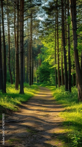 Pine forest panorama in summer. Pathway in the park