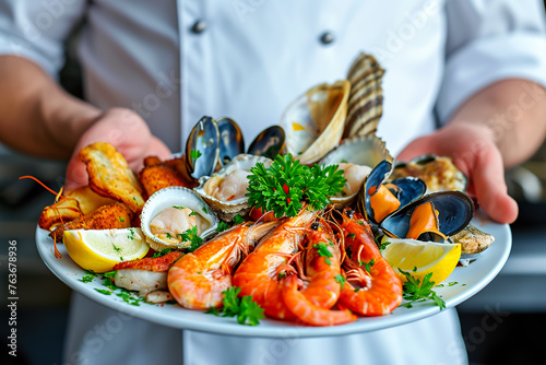 A chef is holding a plate of seafood, including shrimp, oysters, and mussels