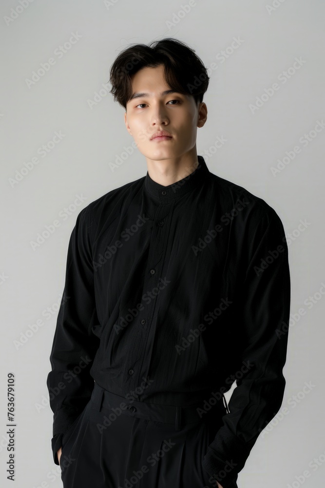 Fototapeta premium A man dressed in a black shirt and black pants standing