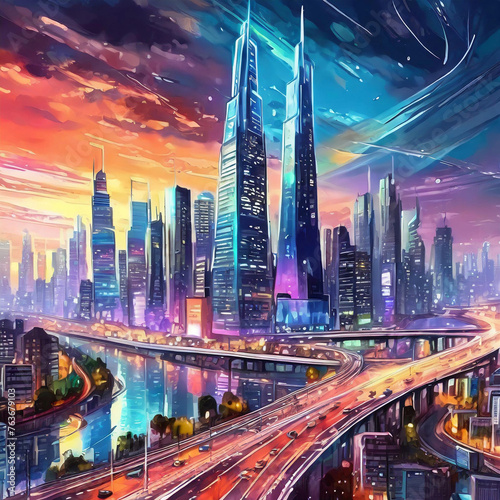 미래 도시의 스카이라인 고층 건물이 형성하는 독특한 모양과 빛나는 광고판, 현대적인 도로 네트워크