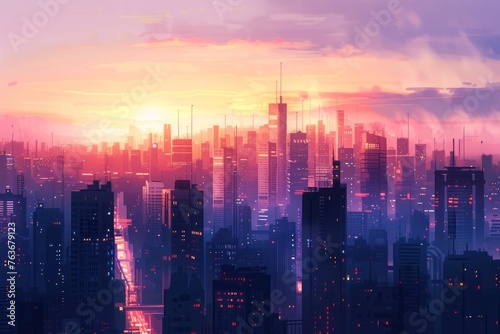 An evocative wallpaper illustration featuring a bustling cityscape during a summer thunderstorm, with lightning flashing across the sky and rain pouring down on the streets below, Generative AI