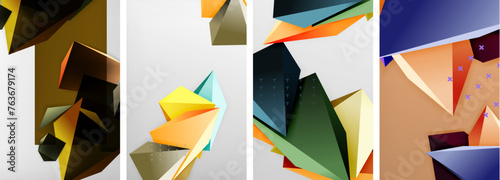 Trendy low poly 3d triangle shapes and other geometric elements background designs for wallpaper, business card, cover, poster, banner, brochure, header, website