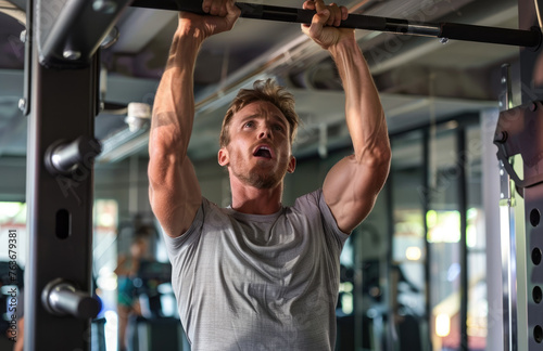 A man is working out in the gym, doing pullups on an iron bar