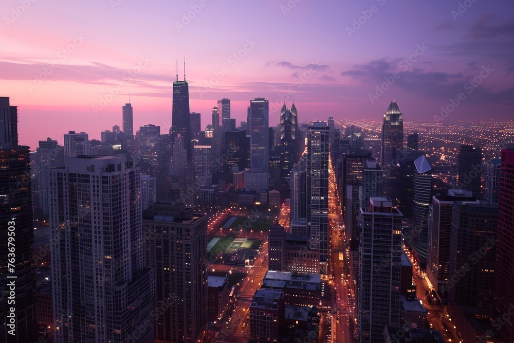 Obraz premium An evocative wallpaper illustration featuring a bustling cityscape during a summer thunderstorm, with lightning flashing across the sky and rain pouring down, Generative AI