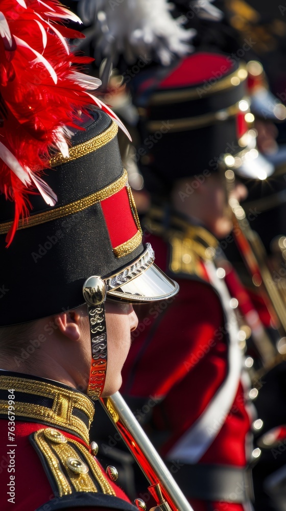 Examining the unique patterns and textures of a marching band hat