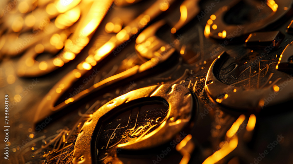 A close-up of golden lettering illuminated against a dark background A close-up of golden lettering illuminated against a dark background